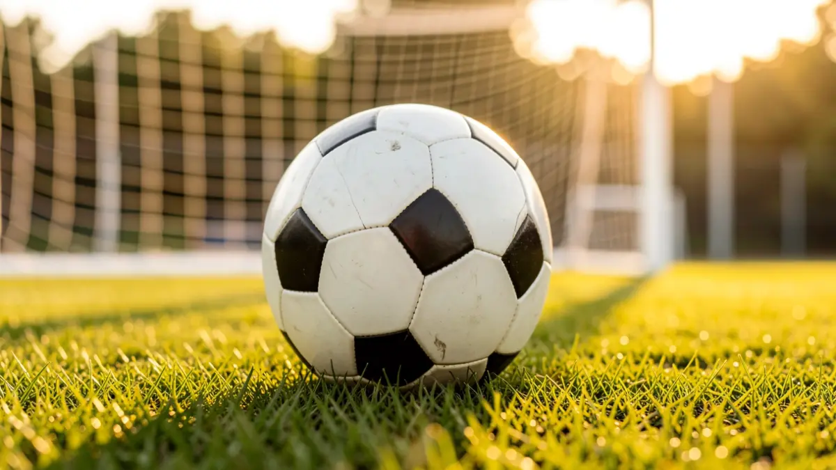 Balón de fútbol sobre el césped con la red de la portería desenfocada al fondo.