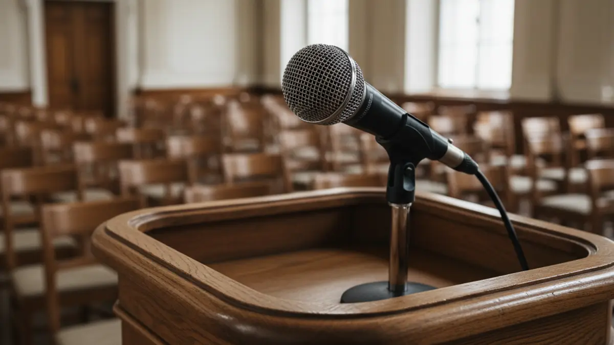 Generic image of a microphone in a municipal hall, representing negotiations.