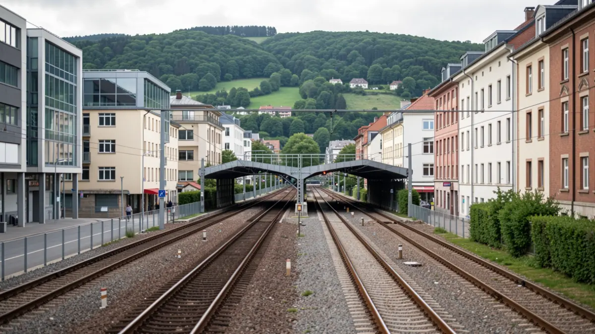 Generic image of train tracks next to an urban area.