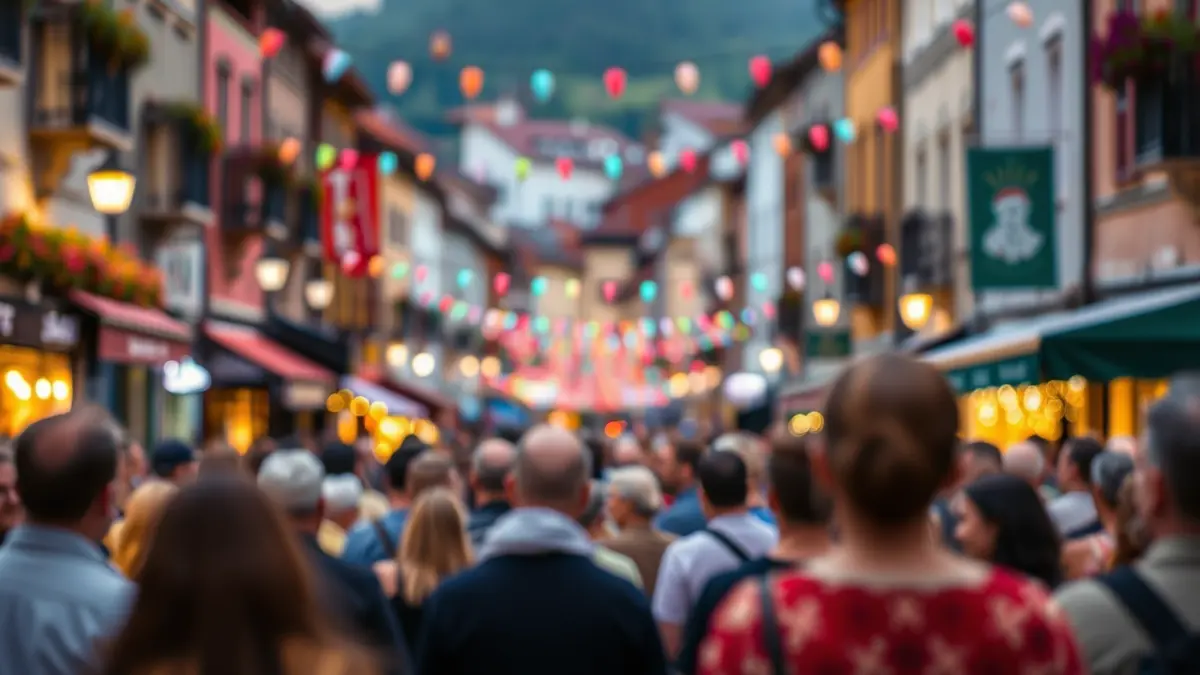 Imagen genérica: Una escena callejera vibrante en un pueblo vasco, con figuras borrosas disfrutando de una actuación al aire libre, luces coloridas y un ambiente festivo.