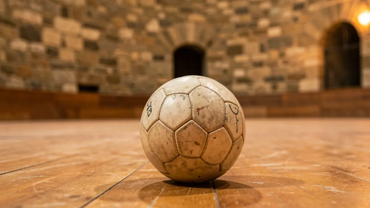 Una pelota de frontón sobre el suelo de madera de la cancha.