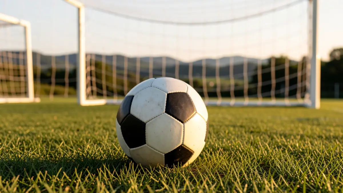 Primer plano de un balón de fútbol sobre césped, con la red de la portería desenfocada.
