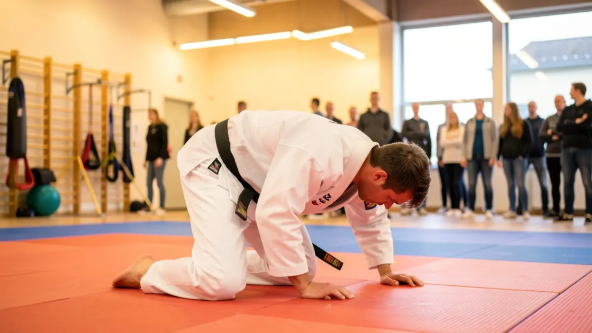 Person practicing jiu-jitsu on a mat in a modern Euskadi dojo.