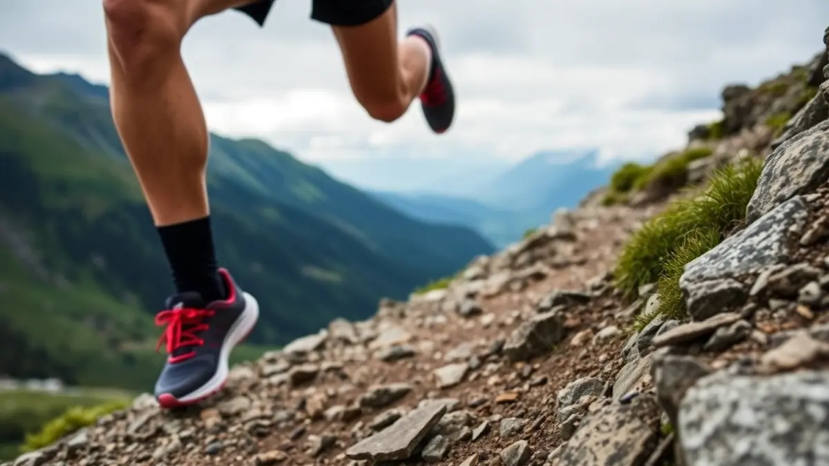 Generic image of a mountain runner's legs ascending a steep path.