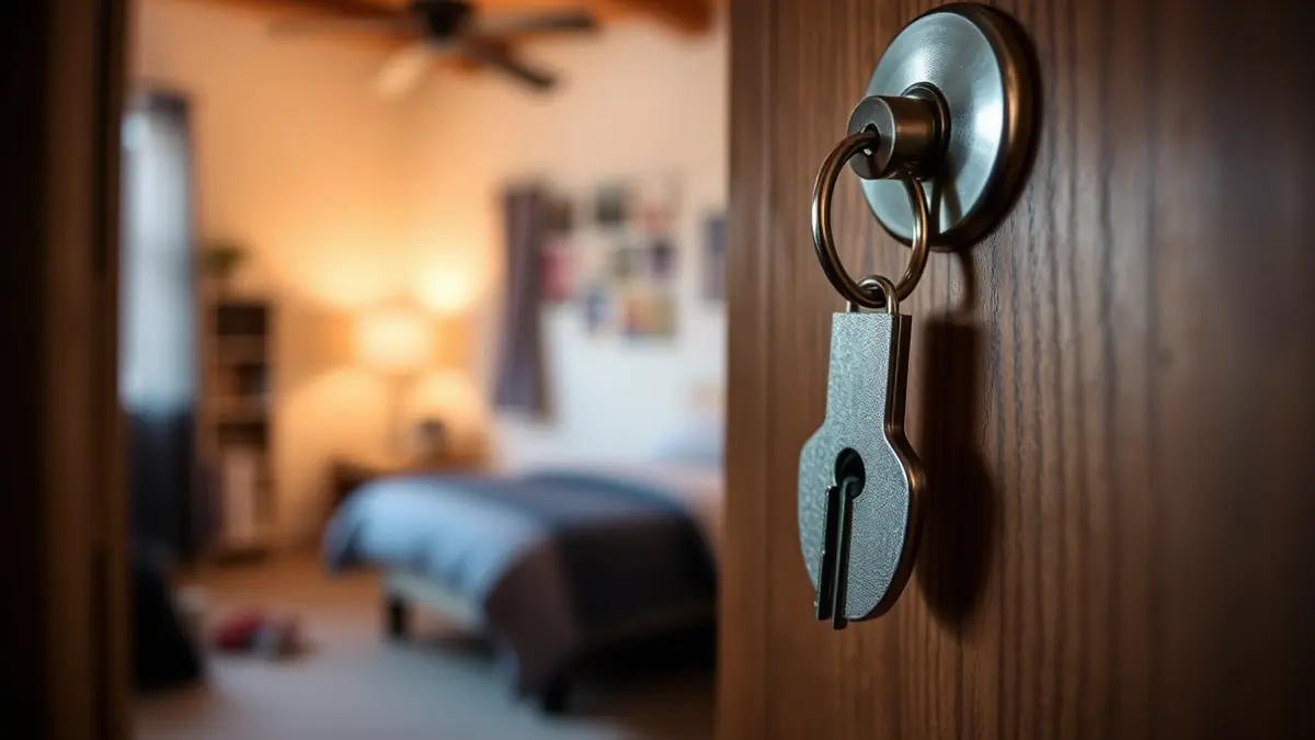 A key being inserted into a lock on a wooden door, symbolizing the search for housing.