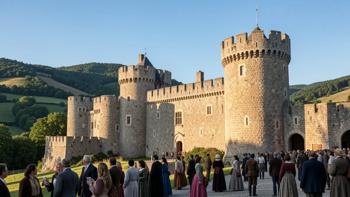 Exterior view of a castle with stone walls and towers, set against green hills and a clear blue sky.