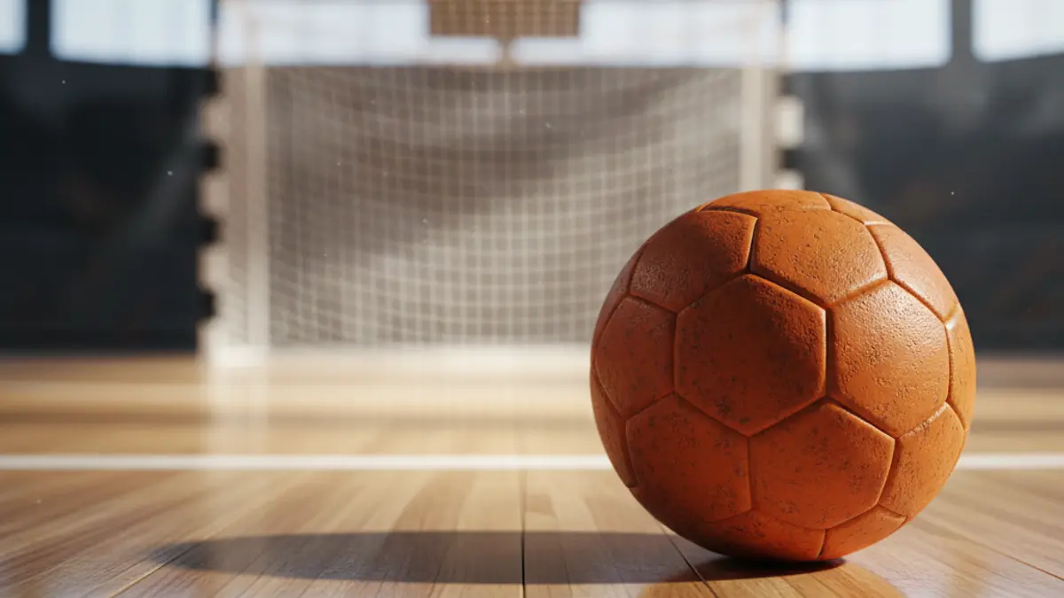 A handball on a polished court, with a blurred goal net in the background.