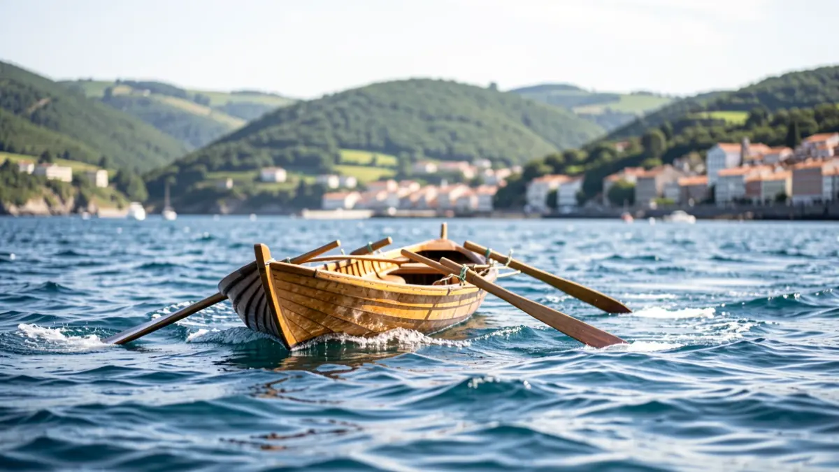 Image of the Urdaibai rowing boat on blue waters with a coastal town in the background.