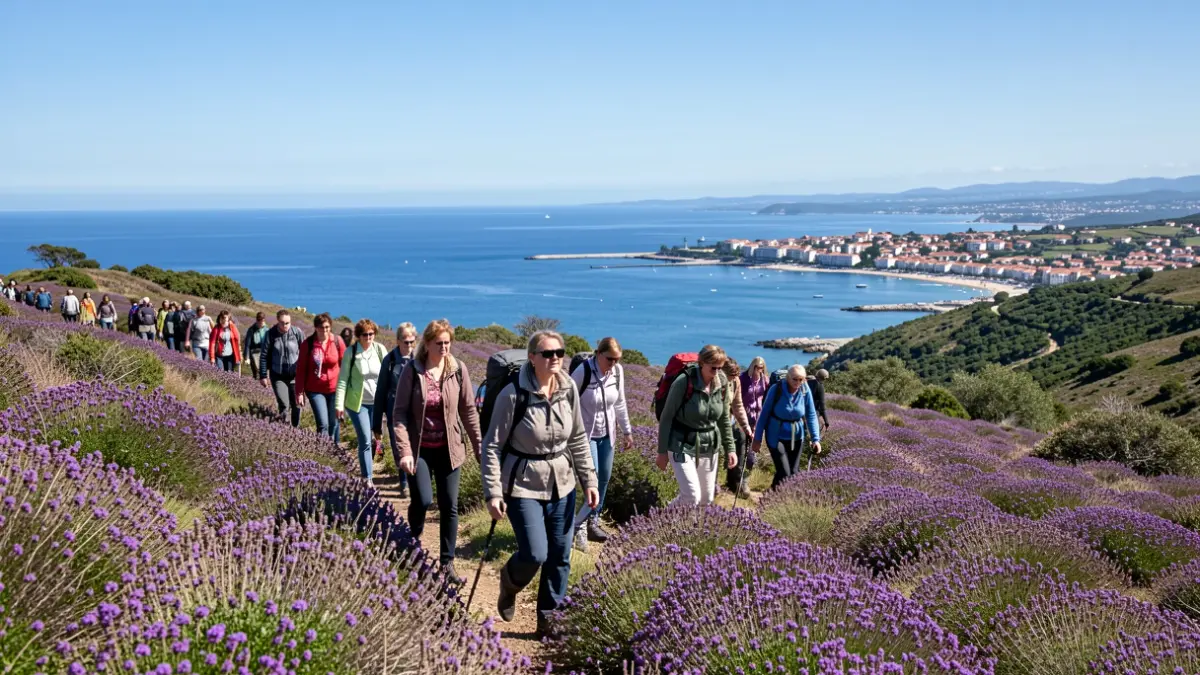 Generic image of a group of women hiking on a mountain, with the sea and a coastal town in the background.
