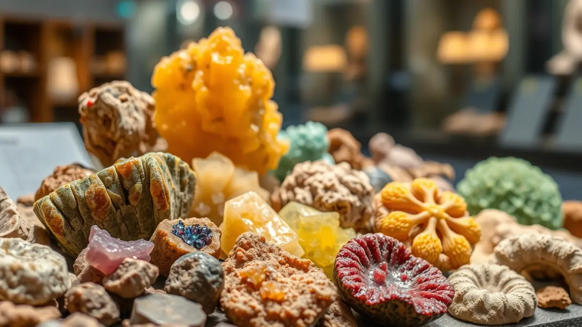 Generic image of a collection of minerals and fossils on display in a museum.
