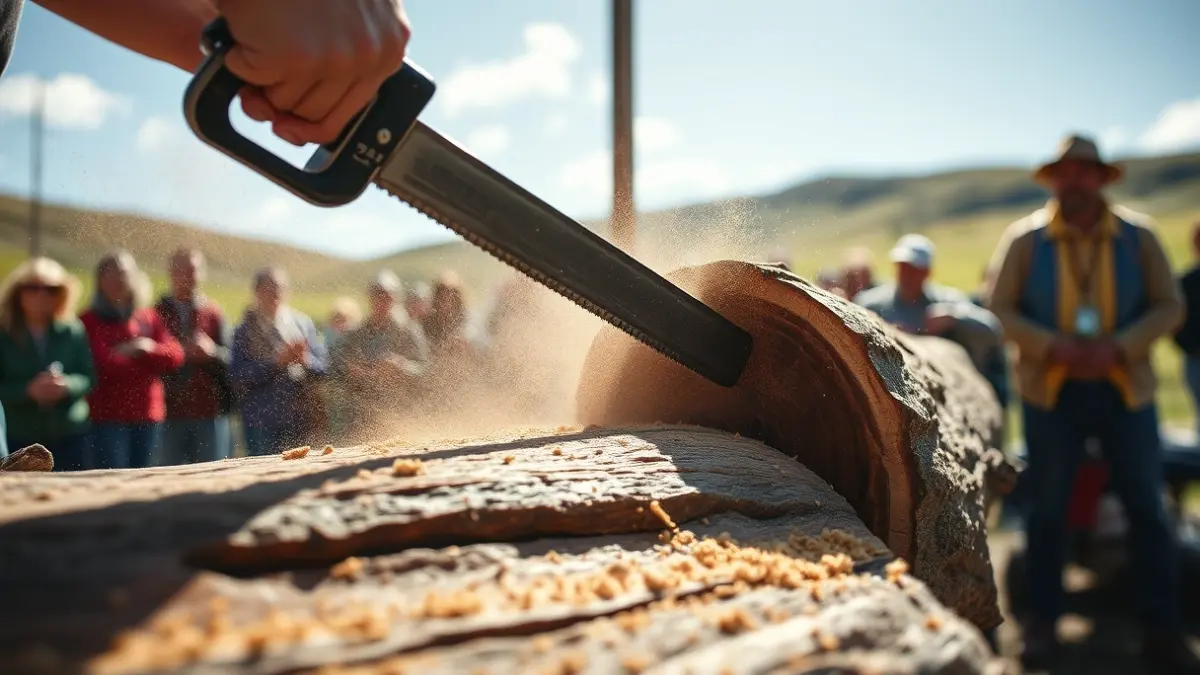 Imagen genérica de deportes rurales vascos, con una sierra cortando un tronco en una competición de trontza.