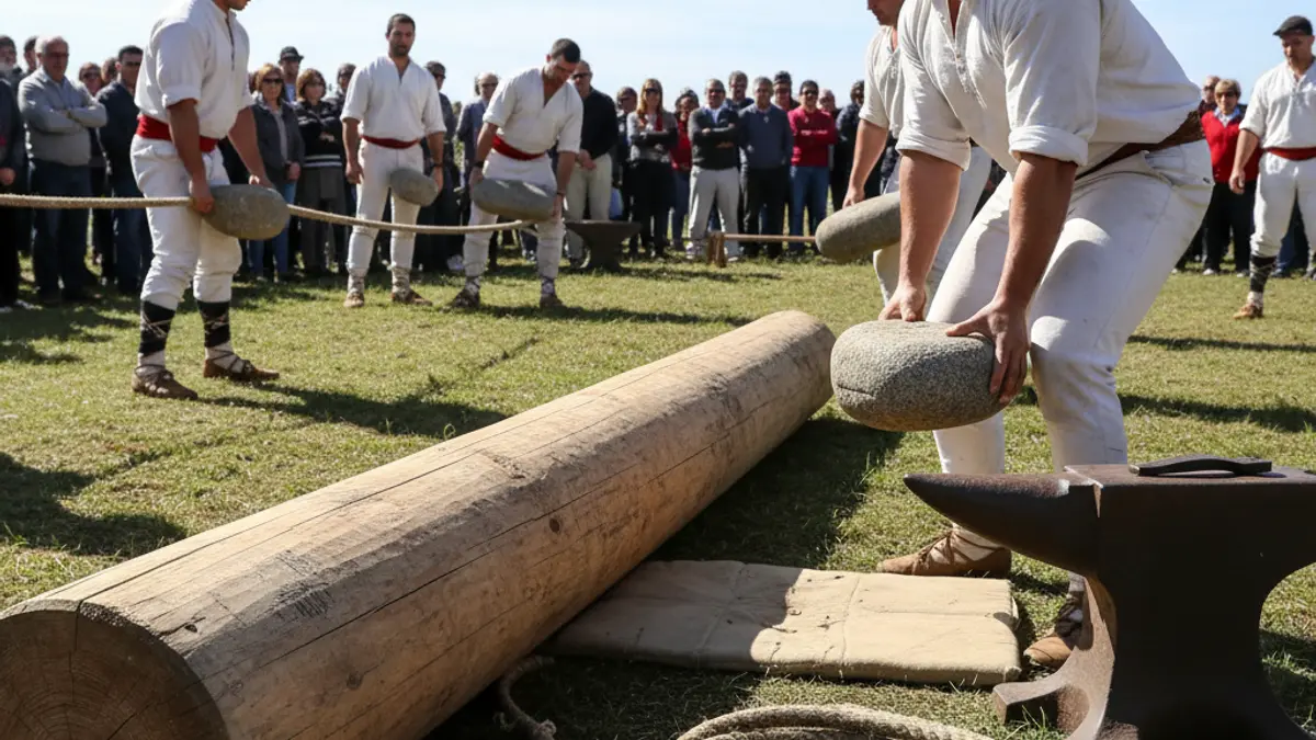 Generic image of a Basque rural sports challenge, with a crowd in the background and sports equipment in the foreground.