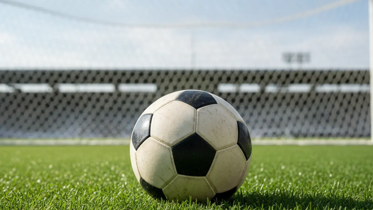 Generic image of a soccer ball on grass, with a blurred goal net in the background.