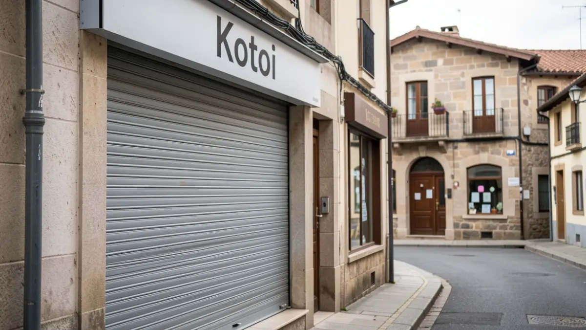 Closed shopfront of 'Kotoi' in Urretxu, Basque Country. Shutters down.