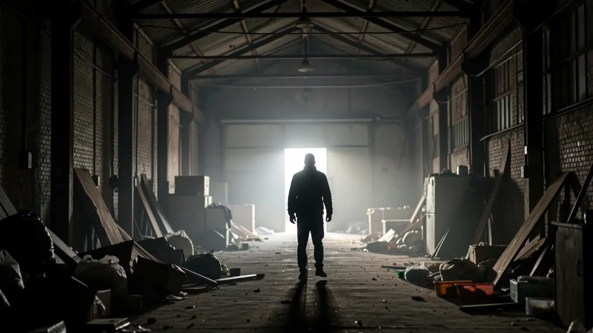 Imagen genérica del interior de una nave industrial abandonada y oscura.