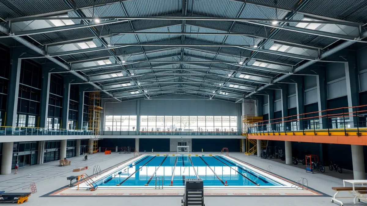 Interior del polideportivo Usabal, mostrando las obras de climatización en curso.