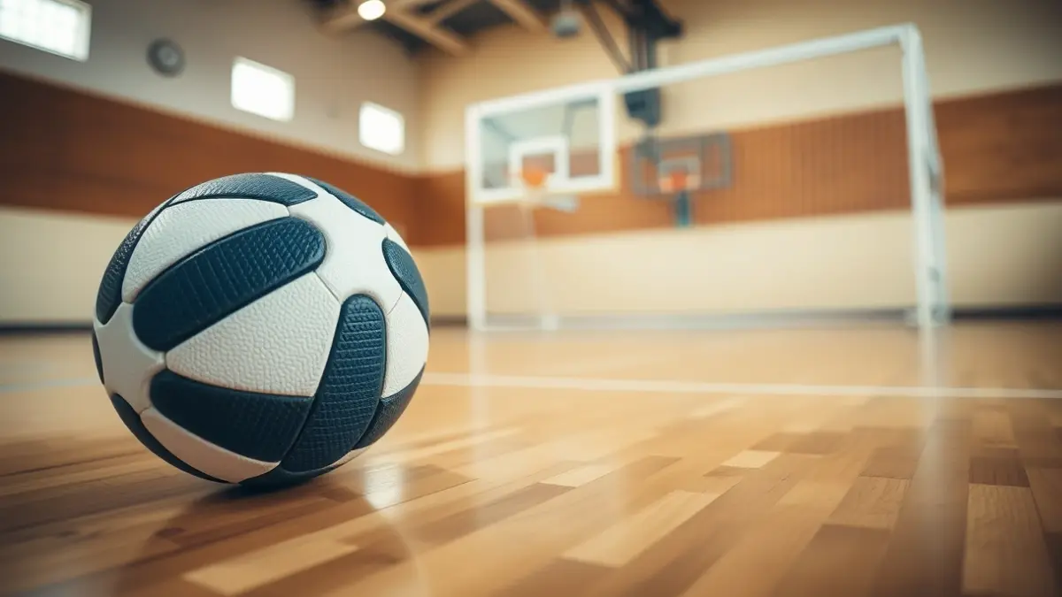 Un balón de balonmano sobre una cancha pulida, con la red de la portería difuminada al fondo.