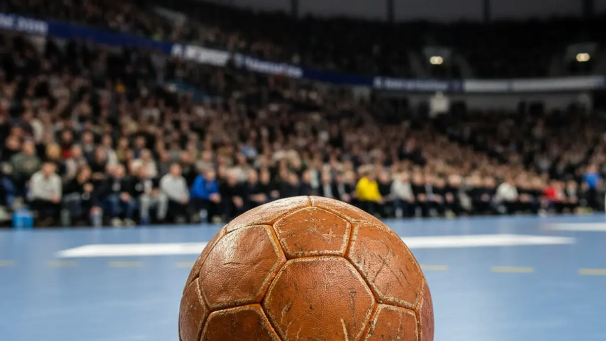 Eskubaloi bat kantxa batean, atzealde lausoan kirol areto bat ikusleekin