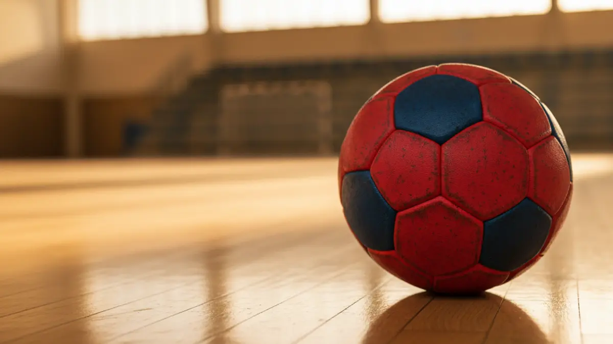 Un balón de balonmano en una cancha pulida, con el fondo borroso de un gimnasio.