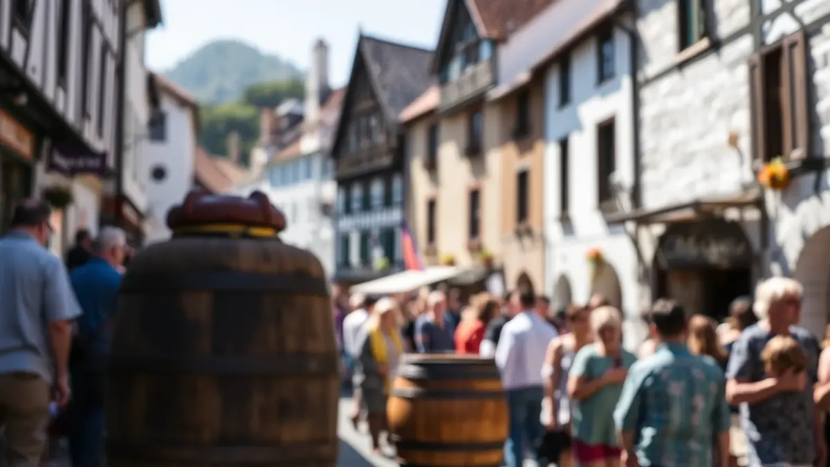 Festive atmosphere in Usurbil, with people gathered for celebrations, cider barrels and sports events in the background.