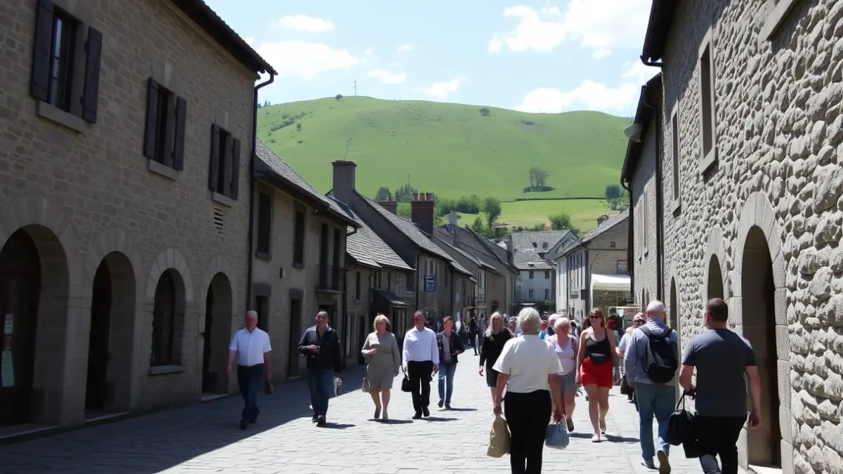 Imagen genérica de un grupo de personas paseando por el centro de Usurbil, con edificios tradicionales y colinas verdes.