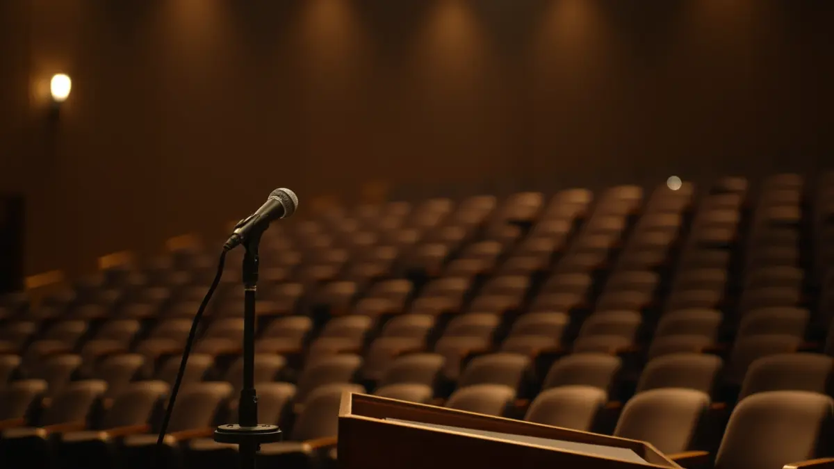 A microphone on a podium in an auditorium with rows of empty chairs in the background, creating a reflective and contemplative atmosphere.