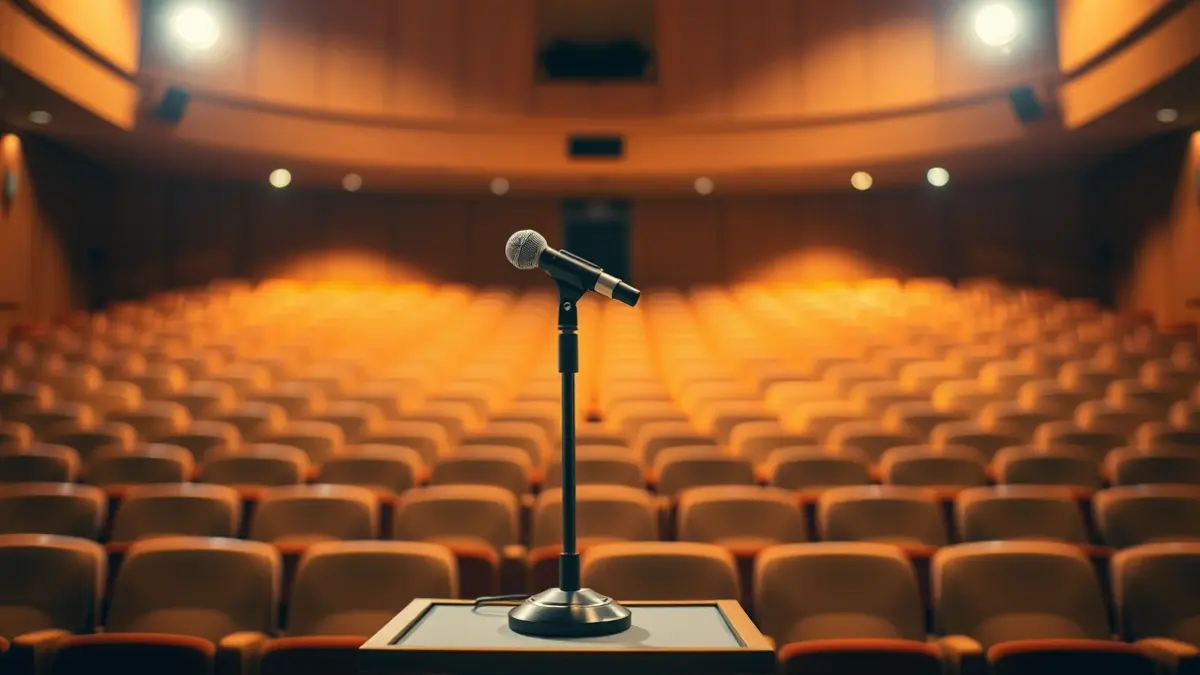 A microphone on a small podium, in an auditorium with rows of empty chairs in the background.