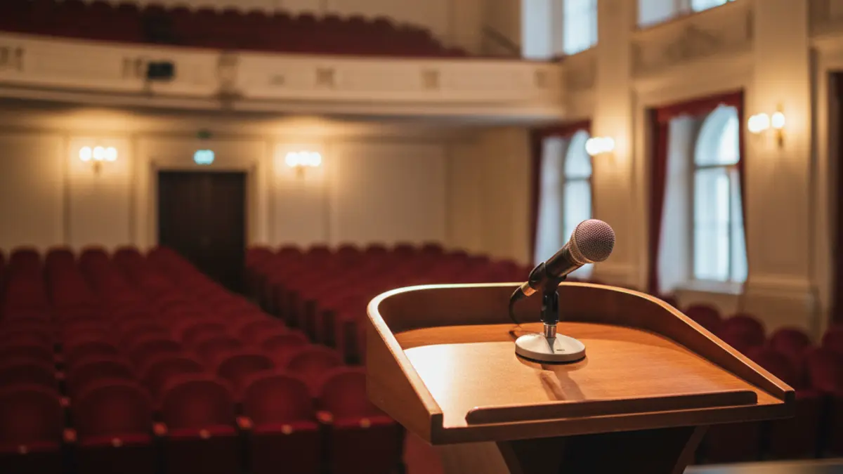 A microphone on a small podium in a warm-lit auditorium, with empty chairs in the background, evoking a cultural event or presentation.