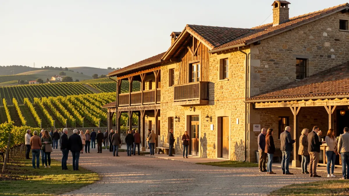 Imagen genérica: Exterior de una bodega histórica con fachada de piedra y elementos de madera, con viñedos de Rioja Alavesa de fondo.