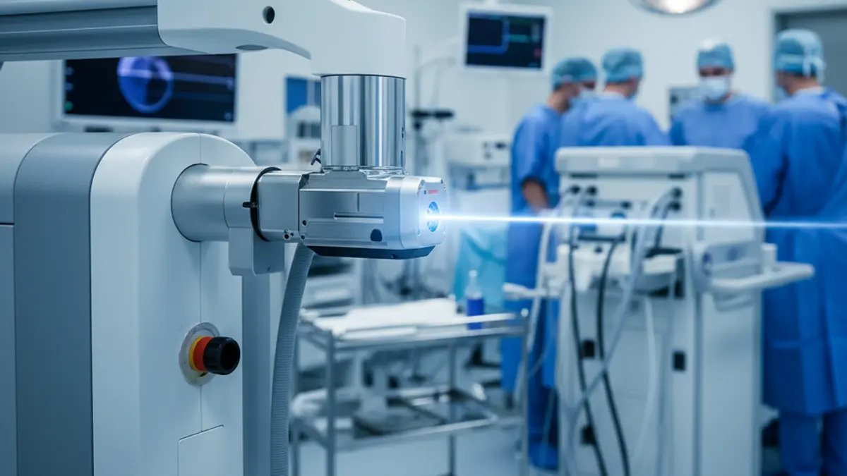 Irudi generikoa laser mediko moderno batena, argi urdin eta zuri leunekin.
