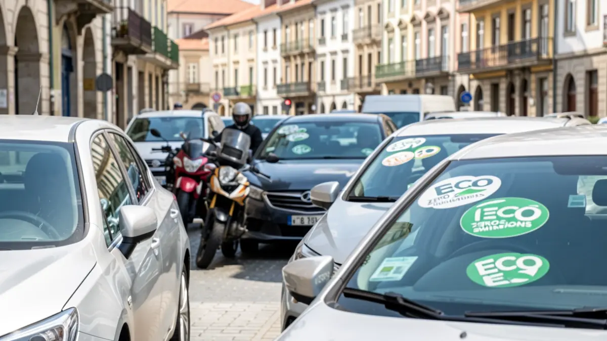 Irudi generikoa: Vitoria-Gasteizko kale bat, auto eta moto ugari dituena, eta horietako batzuek ECO edo Zero Emisioak eranskailuak dituzte.