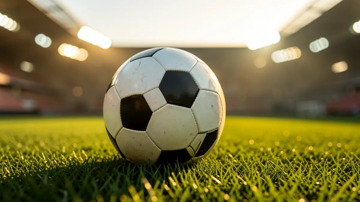A soccer ball on the grass, with stadium lights blurred in the background.