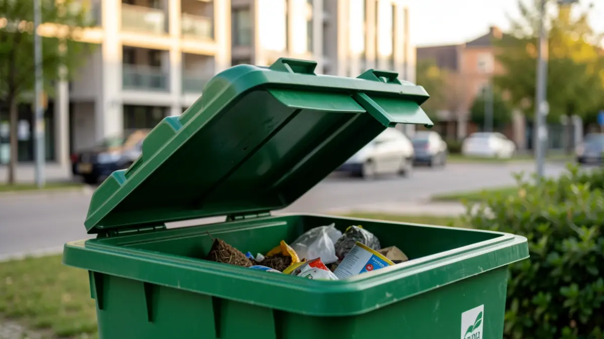 Hondakin organikoentzako edukiontzi marroi baten hurbileko irudia, barruan konpostagarriak diren materialak agerian.