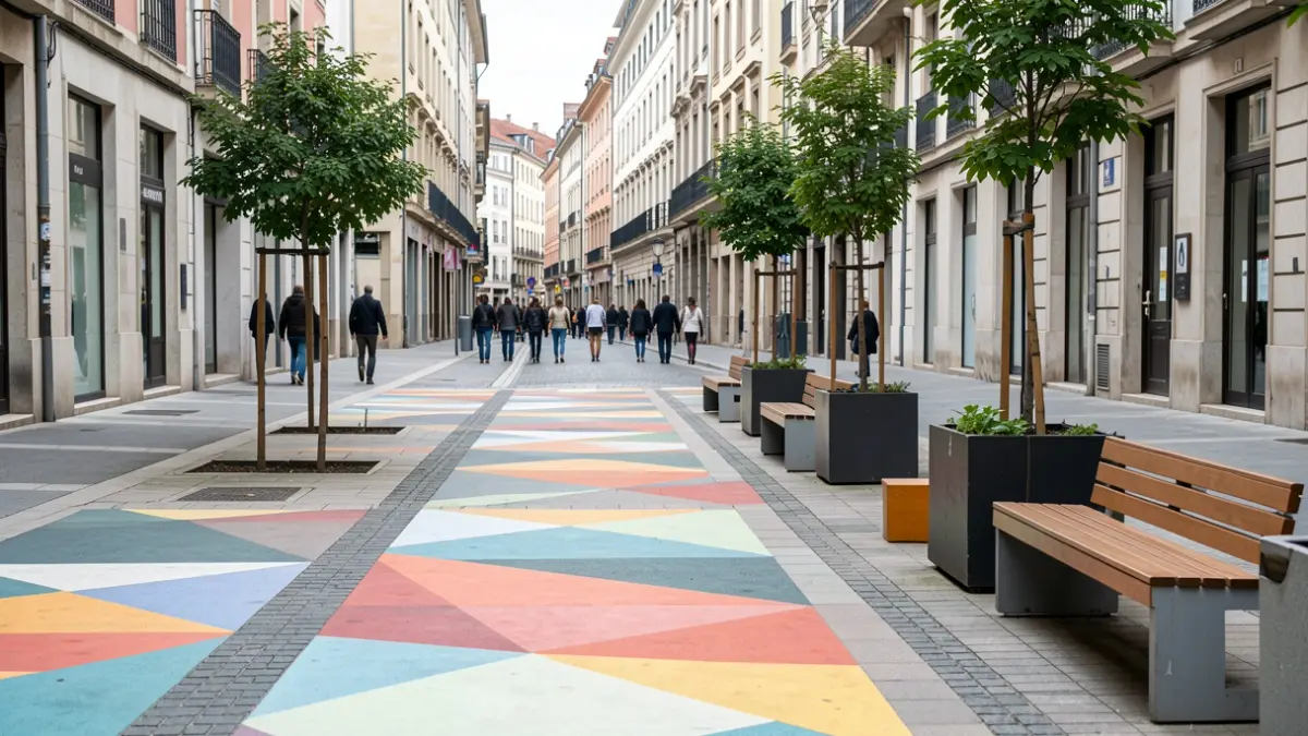 Representation of the street renovation project in Vitoria-Gasteiz with a new pedestrian area.