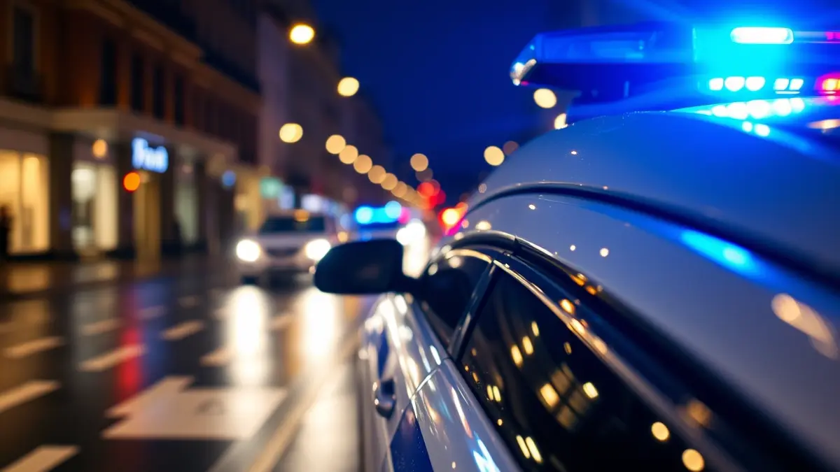 Image of a police car with blue and red lights on a wet street in Vitoria-Gasteiz at night.