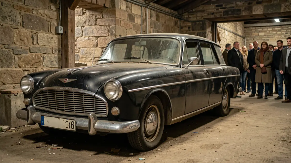 A dusty, neglected classic black car in a dark garage.