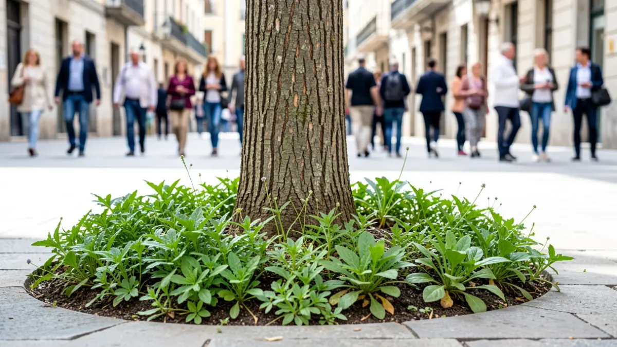 Imagen genérica de vegetación en un alcorque de Vitoria-Gasteiz, mantenida por debajo de los 40 cm.