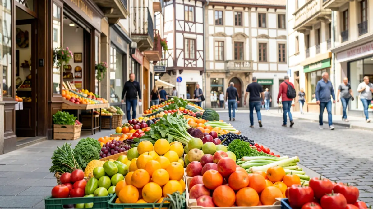 Irudi generikoa kalean fruta eta barazki erakusleiho bat.