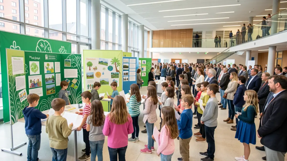 Generic image: Children presenting projects at a sustainability forum in a modern civic center in Vitoria-Gasteiz.