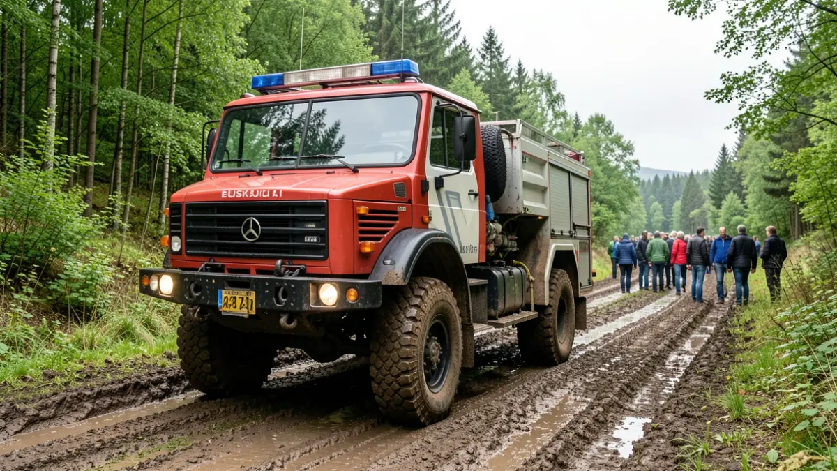 A heavy-duty 4x4 fire engine parked on a muddy forest track in Euskadi, with green vegetation in the background.