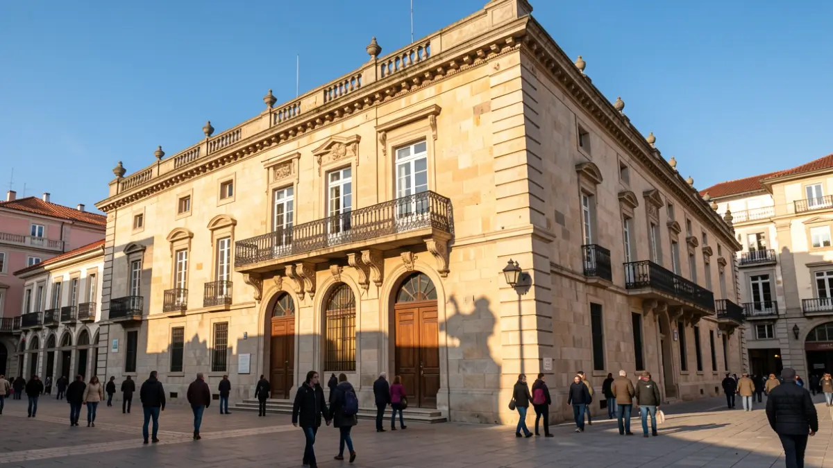Generic image of the Vitoria-Gasteiz City Hall, a historic stone building with an ornate balcony and iron railings, under warm afternoon sunlight.