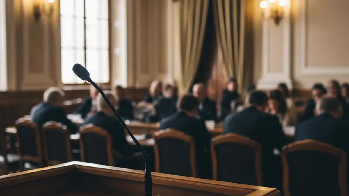 Mikrofono bat udal areto bateko podiumean, eztabaida politikoa irudikatuz.