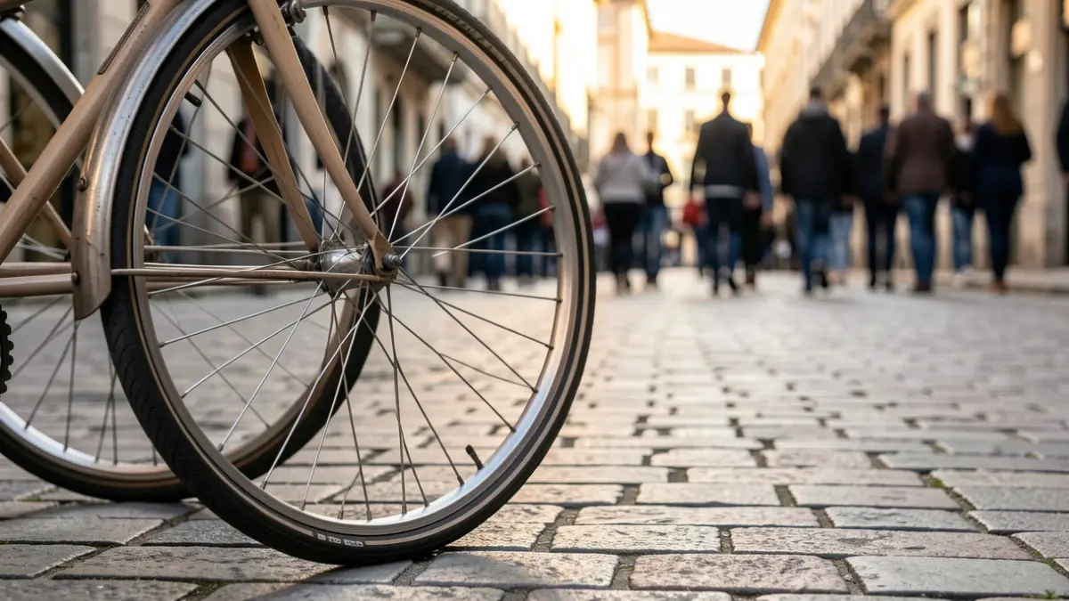 Bizikleta baten gurpila Vitoria-Gasteizko kale batean aparkatuta.
