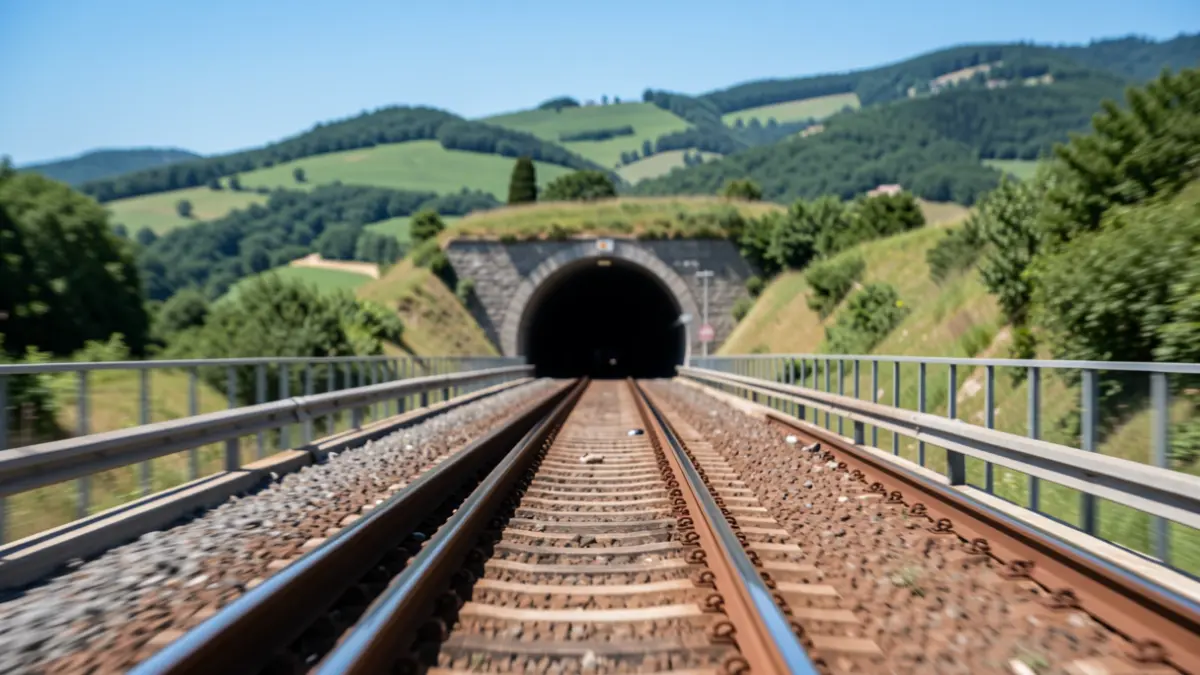 Irudi generikoa: trenbidearen sarrera tunel batean, atzean Euskal Herriko muino berdeak.