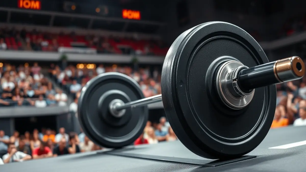 Weightlifting bar with heavy plates on a competition platform, blurred audience in the background.