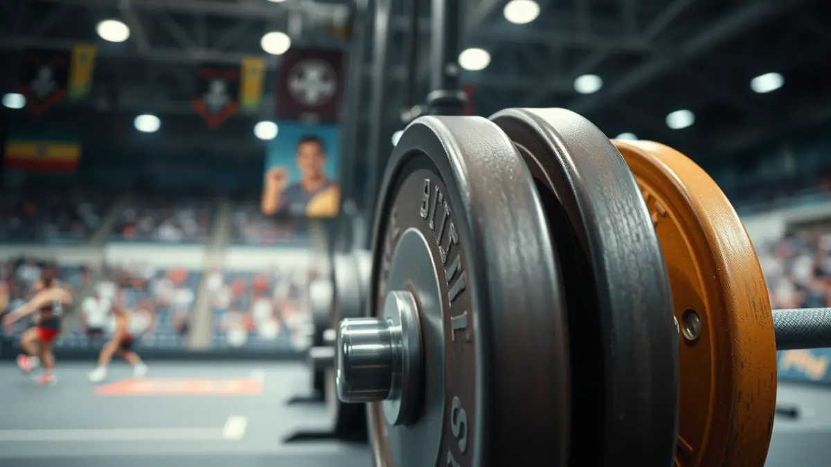 A weightlifting bar with heavy plates on a competition platform, with a blurred background.