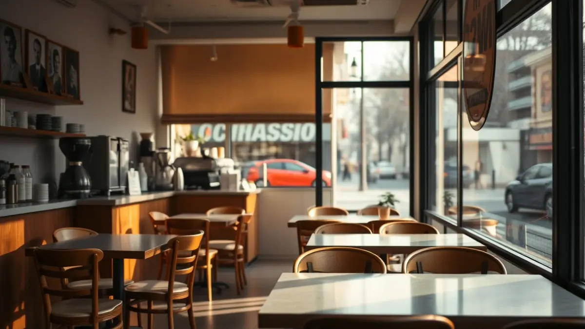 Interior de una cafetería vacía con mesas pero sin sillas, con luz de la mañana.