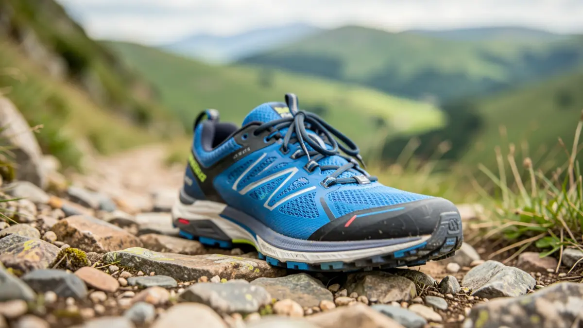 Trail running shoe on a mountain path.