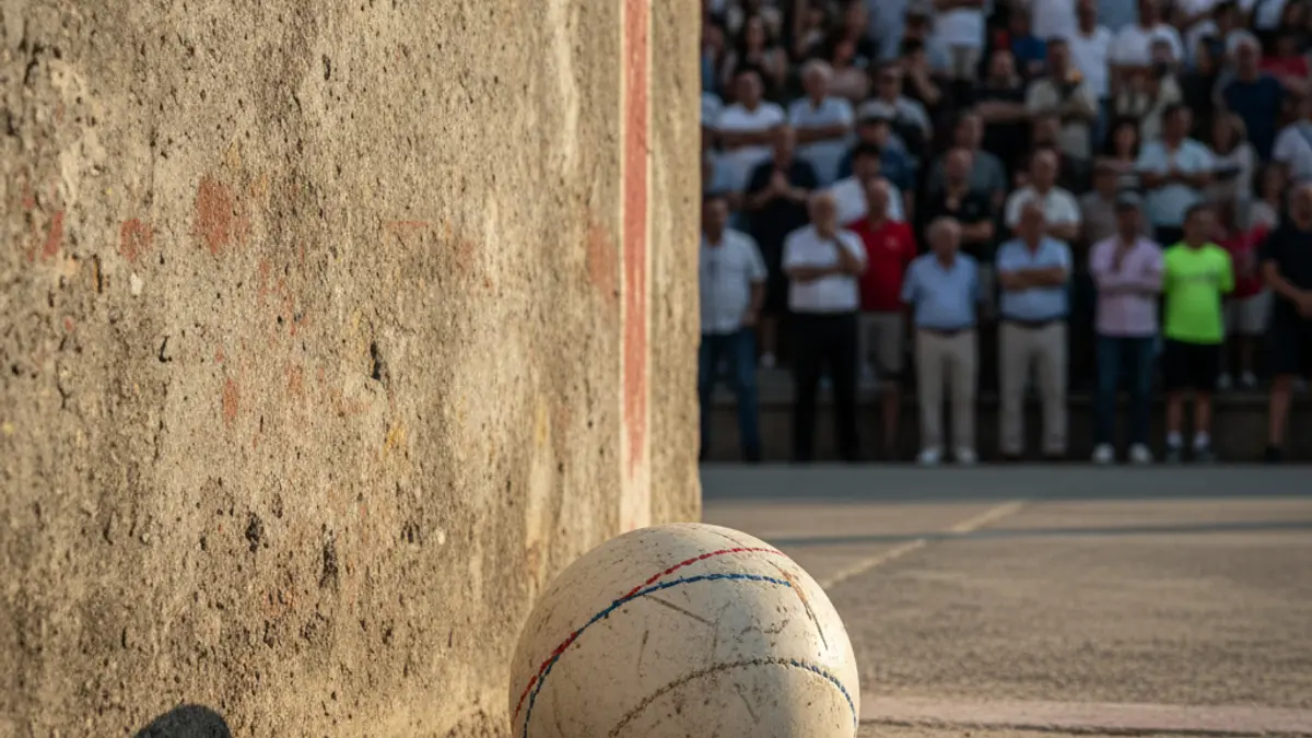 Generic image: a pelota ball on a fronton court, with blurred spectators in the background.