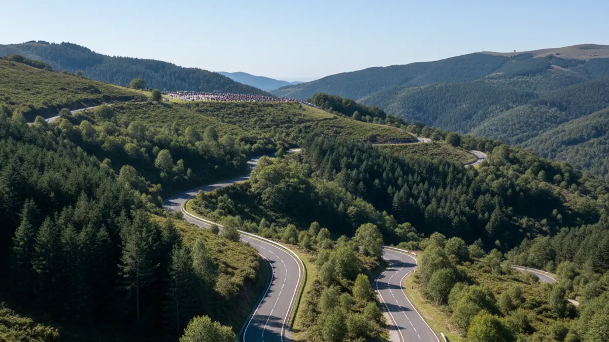 Zegama inguruko mendi errepide baten irudi generikoa, trafiko murrizketak adierazten dituena.
